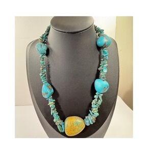 Faux Turquoise Necklace Large Stone Nugget Silver Tone Blue Tan Jewelry Western
